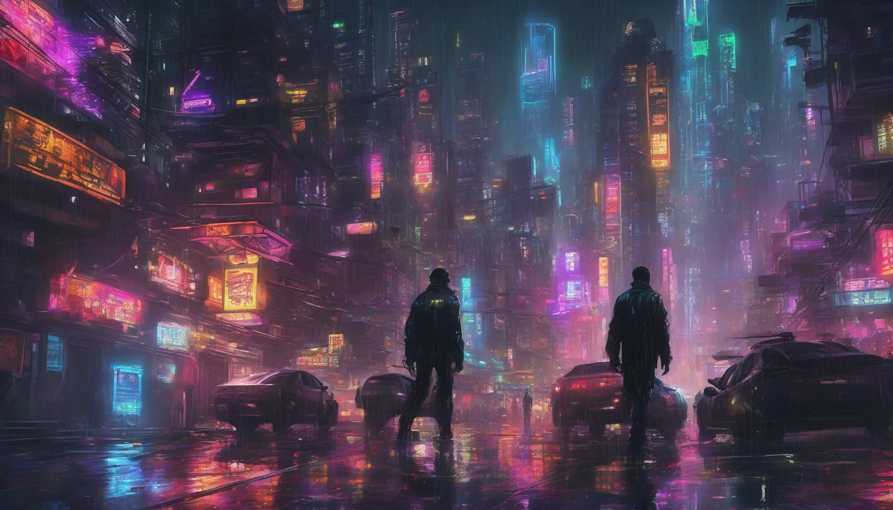 In a sprawling megacity drenched in neon lights and perpetual rain, towering skyscrapers loom over shadowy alleyways. Gangs clad in high-tech armor negotiate illicit deals under flickering holograms. The air buzzes with the hum of drones, while cybernetic enhancements glint under streetlights. Amidst the chaos, a lone detective races against time, determined to unmask the syndicate that rules this cybernetic underworld.