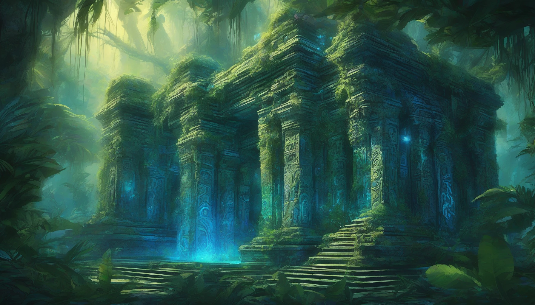 In a forgotten realm, an ancient alien temple rises amidst a lush jungle filled with bioluminescent plants that pulsate in vibrant blues and greens. The crumbling stone structure, adorned with intricate carvings of celestial beings, beckons explorers with its mysterious aura. Ethereal light spills from the glowing foliage, casting enchanting shadows on the temple walls, while strange sounds echo, hinting at secrets yet to be uncovered.