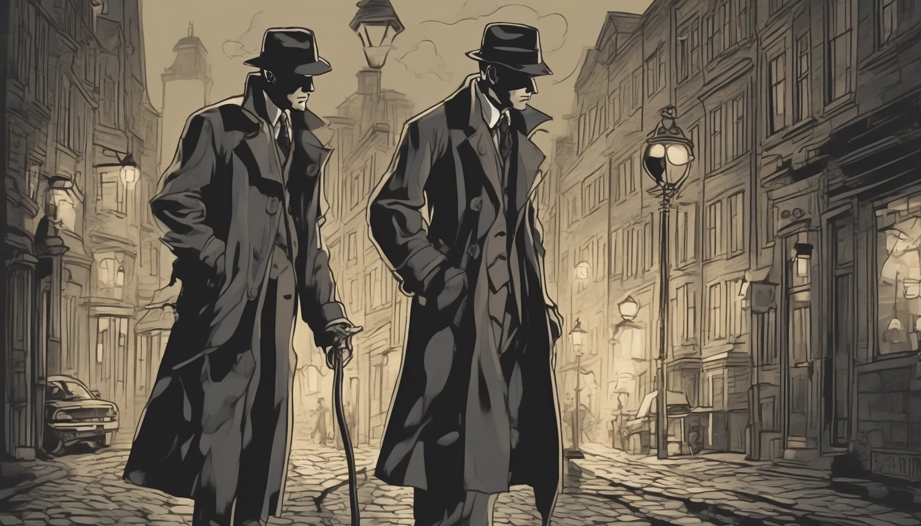 Picture a classic detective perched on a cobblestone street, dressed in a stylish trench coat with a fedora tilted jauntily atop his head. He leans forward, scrutinizing a mysterious footprint with a gleaming magnifying glass in hand. Fog curls around his feet while streetlamps cast a warm glow, illuminating the evening's intrigue. Shadows dance behind him, hinting at secrets yet to be uncovered.