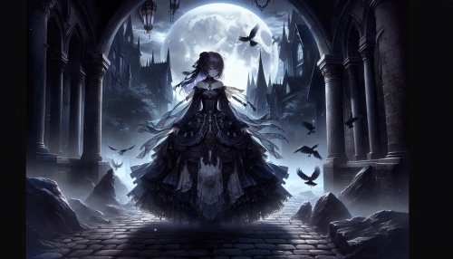 Create a hauntingly beautiful scene featuring a gothic anime character standing alone on a misty cobblestone street under a full moon. The character, adorned in intricate dark attire with flowing fabrics, exudes an air of mystery and melancholy. Jagged gothic architecture looms in the background, while ethereal shadows dance around, creating a contrast between the character's serene expression and the surrounding darkness, evoking deep emotions.