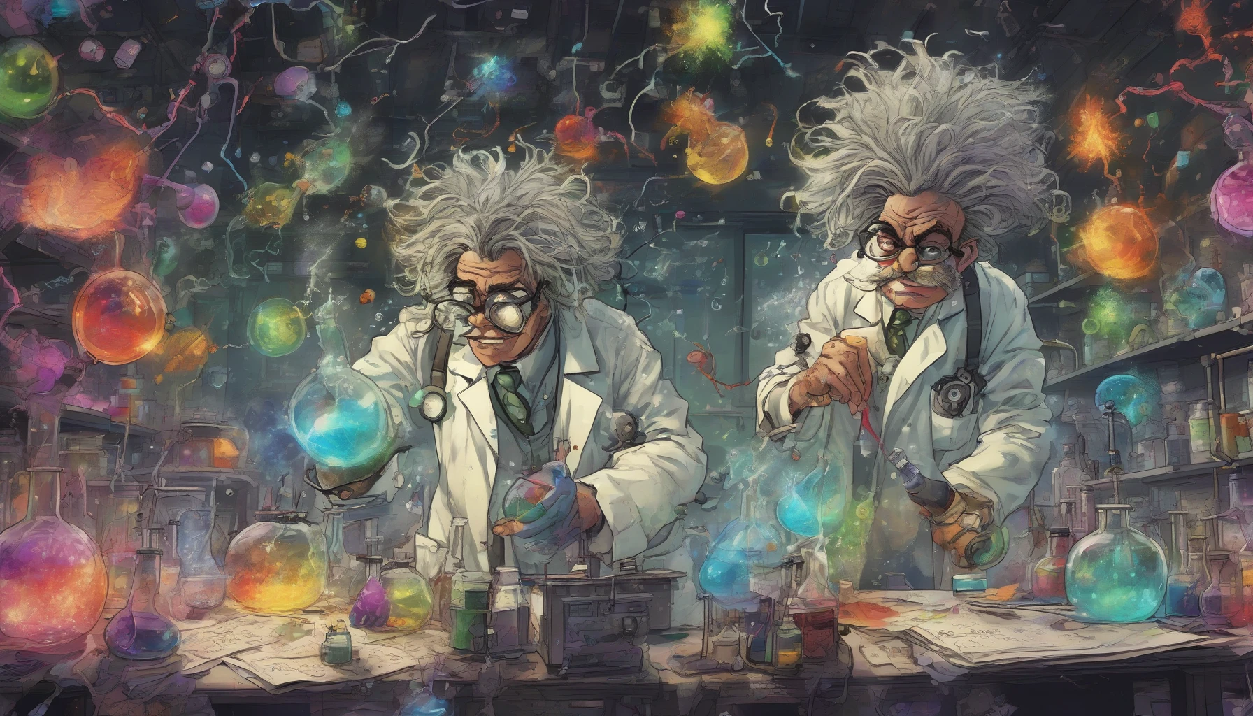 In a dimly lit laboratory, a mad scientist stands at the center, wild hair tousled in all directions, goggles perched precariously on their forehead. Surrounding them are bubbling beakers and scattered papers filled with incomprehensible equations. The air crackles with energy as colorful sparks erupt from a nearby contraption, illuminating the room’s clutter. A sense of genius and madness intertwines, hinting at extraordinary inventions yet to be unveiled.