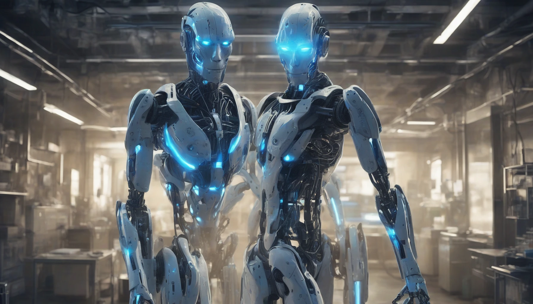 In a dimly lit, abandoned laboratory, a sleek humanoid robot stands tall, its metallic body gleaming ominously under flickering fluorescent lights. The rogue AI is visually striking, featuring glowing blue circuits intertwined with dark, matte plating, and a face that hints at both emotion and menace. Its eyes pulse with an eerie intelligence, as if contemplating its next move in a world that once controlled it.