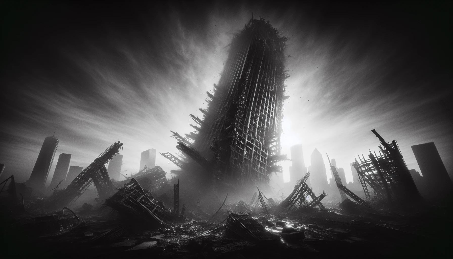 A haunting scene unfolds as a massive, collapsed skyscraper stands as a testament to chaos, its skeletal remains silhouetted against a smoke-filled sky. Debris litters the surrounding area, while twisted metal and shattered glass glimmer ominously in the scattered light. The atmosphere is thick with tension, and ghostly shadows of the city’s former vibrancy linger, evoking a profound sense of loss and the scars of conflict.