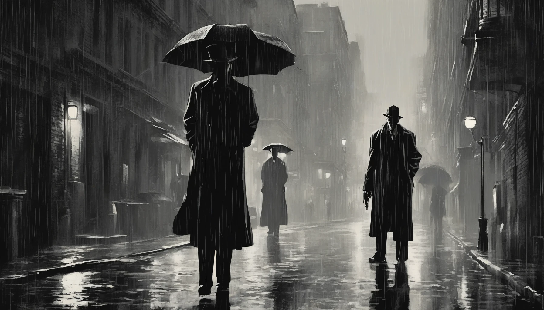 A seasoned detective, cloaked in a trench coat, navigates the rain-soaked streets of a gritty noir city. Dim streetlights cast elongated shadows, revealing hidden secrets. Smoke curls from his cigarette as he scrutinizes a cryptic clue while a mysterious femme fatale watches from a foggy alleyway. The air is thick with tension, and a haunting jazz melody plays softly in the distance, setting the mood for an intriguing tale of deception and danger.