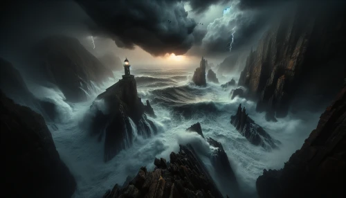 Capture the dramatic clash of nature as tumultuous waves crash against jagged rocks under a brooding sky. The lighthouse stands resilient in the distance, its powerful beam cutting through the swirling mist and darkness, illuminating the turbulent waters. Dark clouds loom above, threatening rain, while occasional flashes of lightning reveal the ferocity of the storm, creating an atmosphere of both danger and beauty.