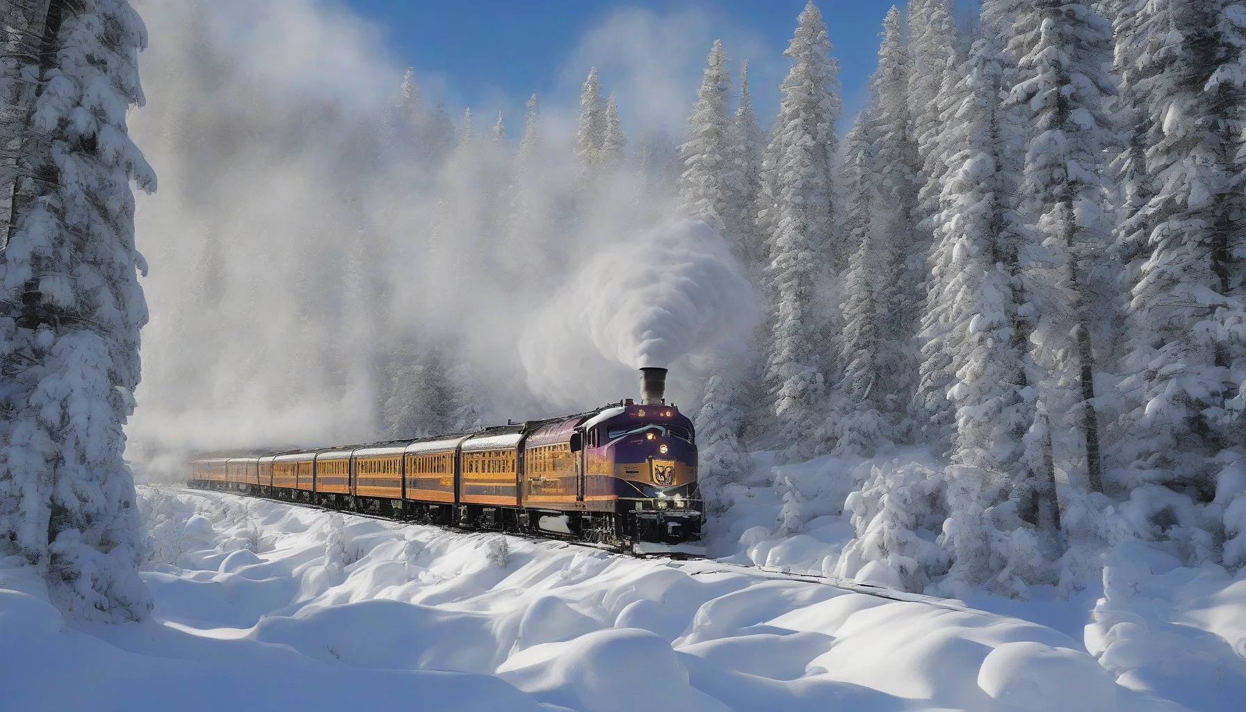 Envision a majestic train, its vibrant colors stark against a blanket of glistening snow, winding its way through a serene wilderness. Towering pines, heavy with white powder, stand like silent sentinels as soft snowflakes dance in the crisp air. The rhythmic clatter of the train contrasts with the hushed tranquility around, creating a magical atmosphere where adventure awaits in every snow-laden bend of the track.