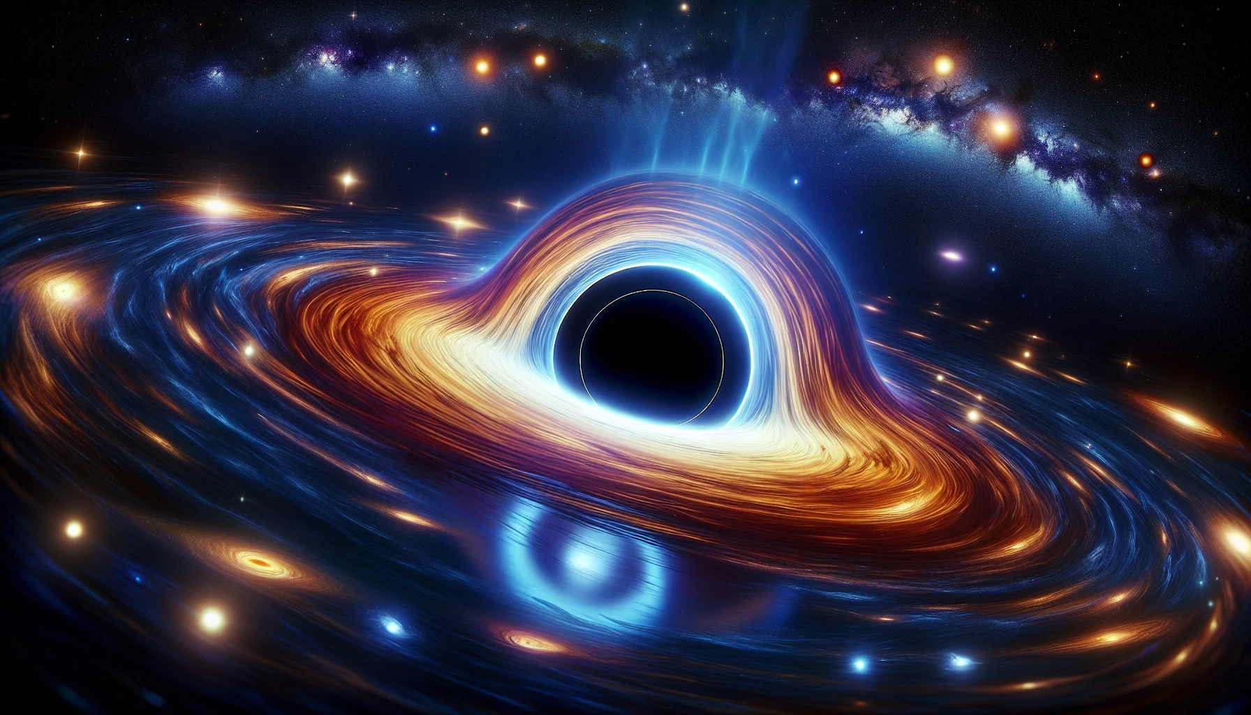 Imagine a swirling black hole at the center of the cosmos, its immense gravitational pull warping the fabric of space-time. Stars and galaxies spiral around it, their light stretching and bending into vibrant arcs as they succumb to its influence. Surrounding the black hole, a halo of luminous gas glows in shades of blue and purple, creating a stunning contrast against the dark void. The scene captures the awe and mystery of the universe's most enigmatic phenomena.