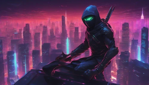 In a neon-lit cityscape, a high-tech ninja cloaked in sleek armor stands poised on a rooftop. His glowing blades hum with energy, casting radiant reflections on the buildings below. The night sky is a tapestry of swirling holograms and flying vehicles, while the ninja's vigilant gaze scans the horizon for unseen threats. Fluid and fierce, he embodies the perfect blend of tradition and technology, ready for action.