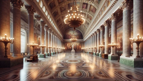 Imagine a grand hall adorned with majestic columns, intricate marble floors, and opulent chandeliers casting a warm glow. The walls are lined with rich tapestries depicting mythological scenes, while a stunning fresco crowns the ceiling, bringing life to the serene atmosphere. In the center, a stately statue of a Greek goddess stands proudly, embodying the beauty and harmony of Classicism in the heart of this architectural masterpiece.