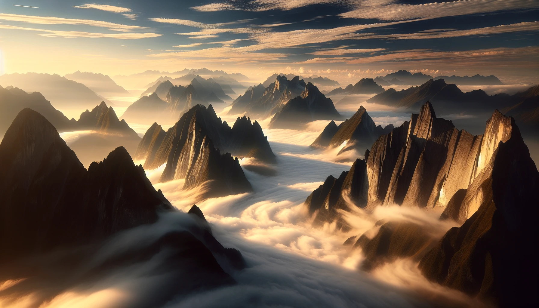 Immerse yourself in a breathtaking landscape where towering mountain peaks pierce through a sea of fluffy white clouds. The sun casts a golden hue, illuminating the jagged rock faces, while soft wisps of mist swirl around the base. In the distance, a serene blue sky provides a stunning backdrop, inviting adventurers to explore this ethereal realm where earth meets the heavens.