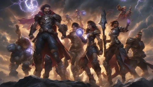 A dynamic and powerful scene depicting a diverse team of heroes standing tall, ready for battle. Each hero radiates unique energy, showcasing their distinct powers and styles— a warrior with glimmering armor, a mage casting glowing spells, a stealthy rogue poised for action, and a tech genius wielding futuristic gadgets. Dark storm clouds swirl above as the ground rumbles, highlighting their unity against an unseen menace.