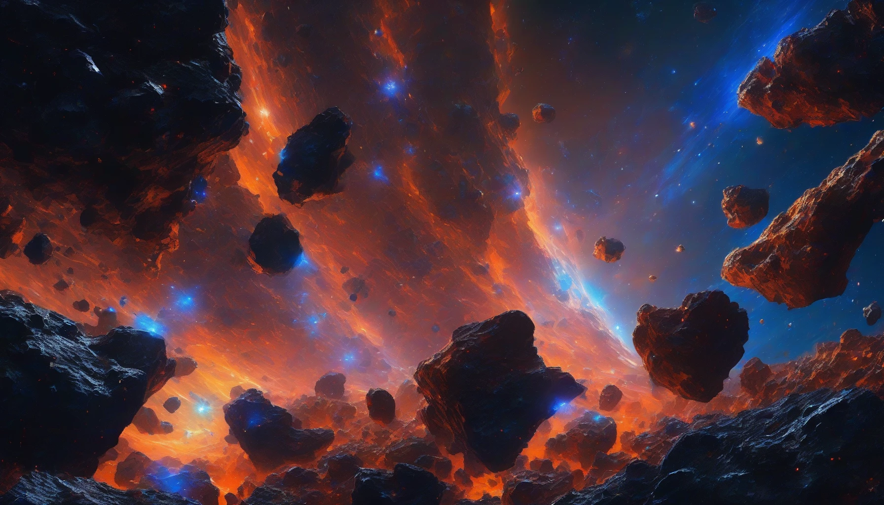 In a vast expanse of space, a colossal asteroid field teems with jagged rock formations, each glimmering with vibrant, glowing minerals. Shades of electric blue, neon green, and fiery orange swirl across the asteroids, illuminating the dark void around them. As cosmic dust dances through the air, distant stars twinkle like diamonds, creating a breathtaking backdrop to this otherworldly scene where beauty and chaos intertwine in the universe's mysterious depths.