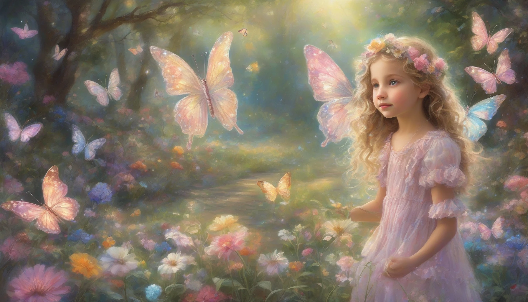 Imagine a whimsical scene where a young girl stands in a vibrant, enchanted garden, her long hair adorned with shimmering sparkles. Sunlight filters through the lush, blooming flowers, casting ethereal glows around her. Dressed in a frilly pastel dress, she gazes dreamily at a pair of fluttering butterflies, their wings glistening like jewels. The air is filled with magic and romance, capturing the essence of youth and wonder.