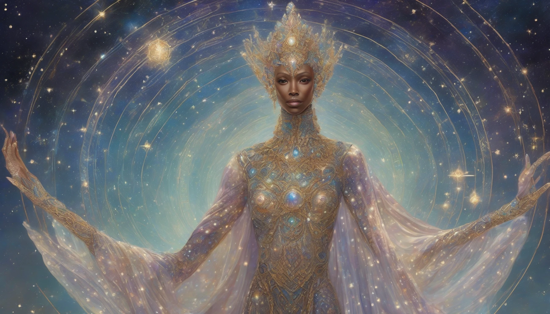 Envision a regal alien diplomat standing amidst a starry backdrop, adorned in intricate robes that shimmer with celestial patterns. Their skin glistens in iridescent hues, reflecting the colors of distant galaxies. Elegant, elongated features convey wisdom and authority as they gesture with delicate, luminescent hands. Surrounding them, ethereal sparkles and faint constellations form a mesmerizing aura, highlighting the harmony of intergalactic diplomacy and cultural exchange.