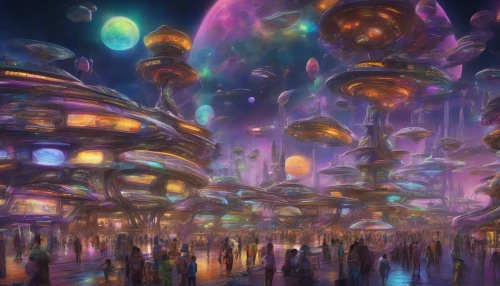 Imagine a vibrant spaceport teeming with diverse extraterrestrial life, each alien species showcasing its unique attire and technology. Spaceships of all shapes and sizes dock and depart amidst a backdrop of swirling nebulae and distant stars. Bright neon lights and holographic advertisements flicker in the atmosphere, while merchants trade exotic goods. The air buzzes with excitement as travelers exchange stories, forging connections among the cosmos.