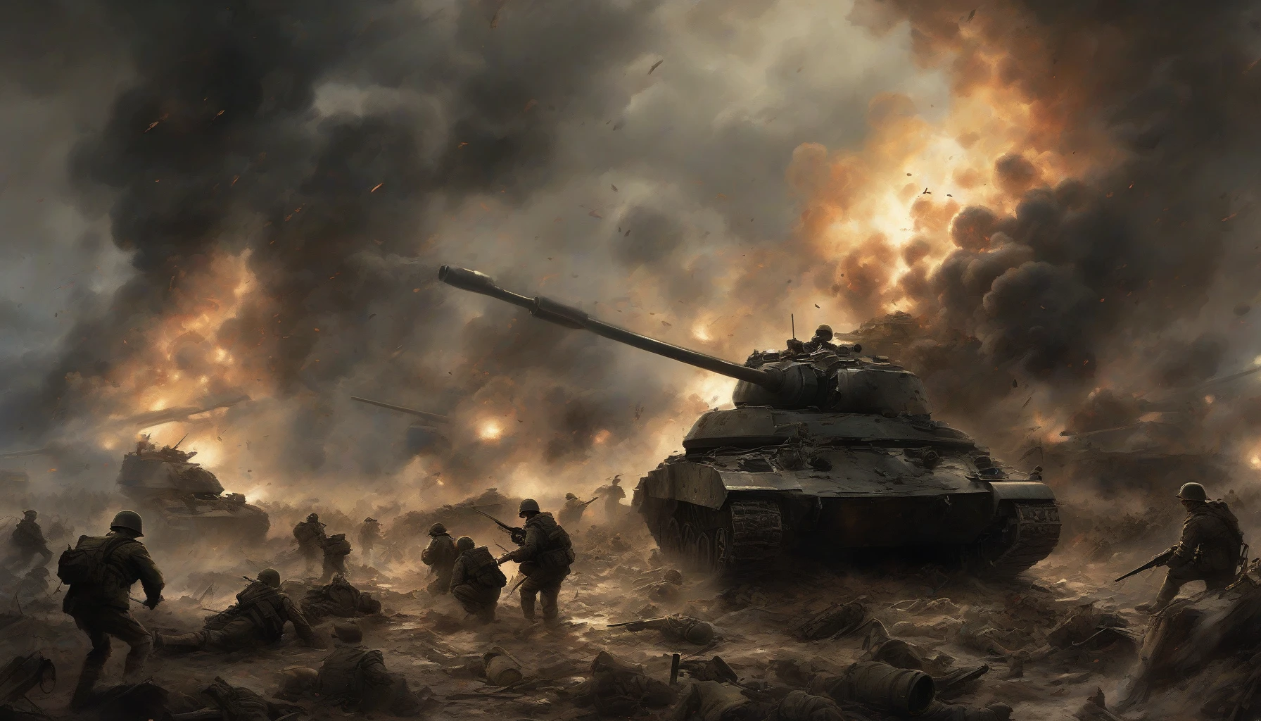 Immerse yourself in a chaotic battlefield scene where towering tanks rumble through thick, swirling smoke. Explosions illuminate the darkened sky, casting a dramatic glow on the wreckage around. Soldiers, silhouetted against billowing clouds, scramble for cover amidst the cacophony of battle. The ground shakes with the power of artillery, while the air is thick with tension and the acrid scent of gunpowder.