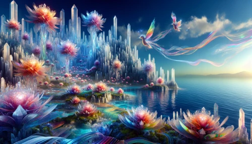 Imagine a breathtaking landscape where vibrant, luminescent crystal gardens float effortlessly above a serene azure sea. Ethereal flora with iridescent petals dance in the gentle breeze, casting rainbow reflections on the water below. Wisps of clouds drift lazily around the gardens, while colorful exotic birds flit gracefully between the crystalline structures. This enchanting scene invites viewers into a world of magic and tranquility, where nature’s beauty knows no bounds.