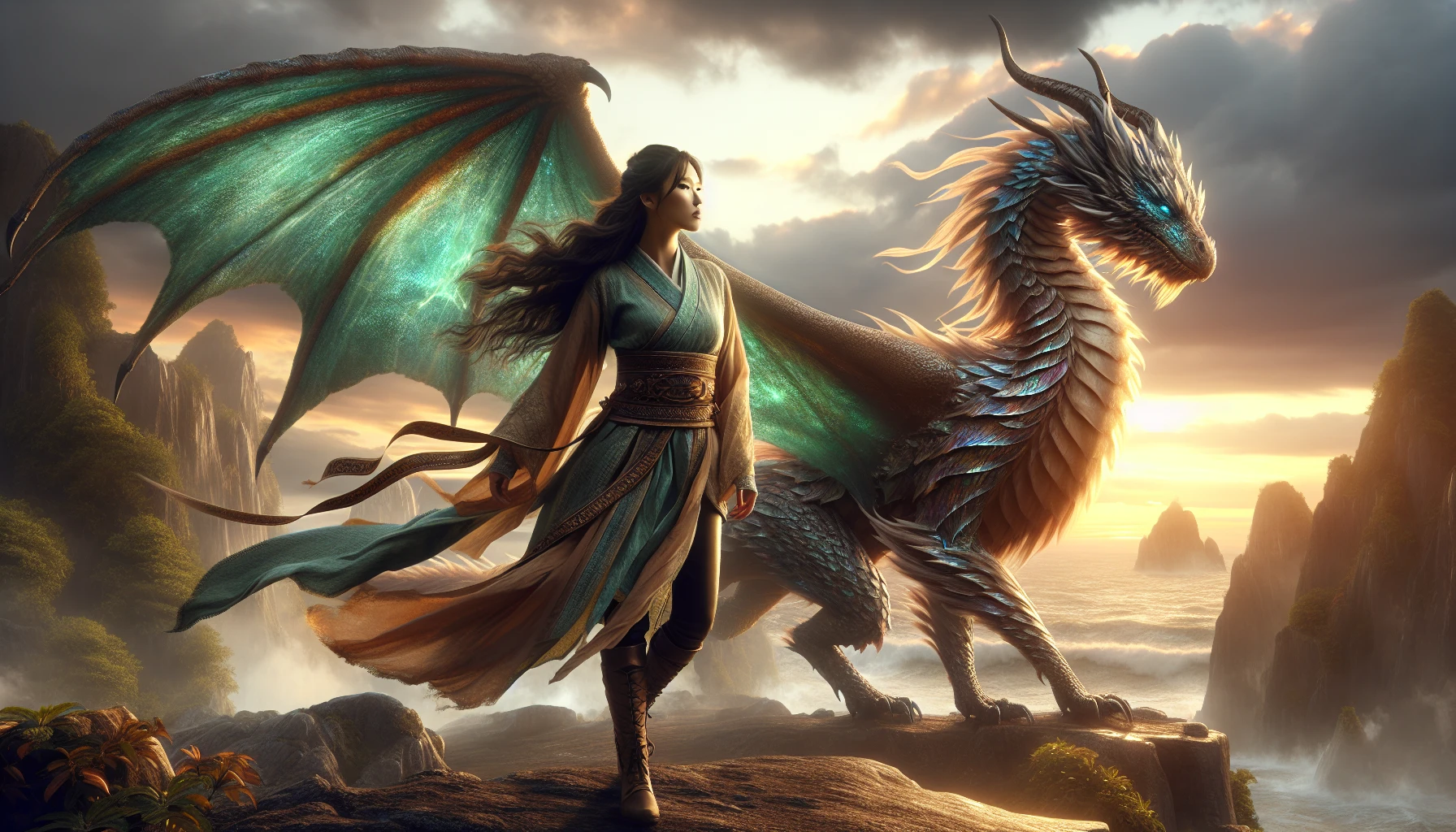 Imagine a majestic beast tamer standing boldly atop a rocky cliff, cloaked in flowing, earth-toned garments that rustle in the wind. Beside them, a magnificent dragon unfurls its iridescent wings, shimmering with hues of emerald and sapphire. The sun sets behind them, casting a warm golden light that accentuates their powerful connection. Together, they embody strength, loyalty, and harmony in a world of magic and adventure.