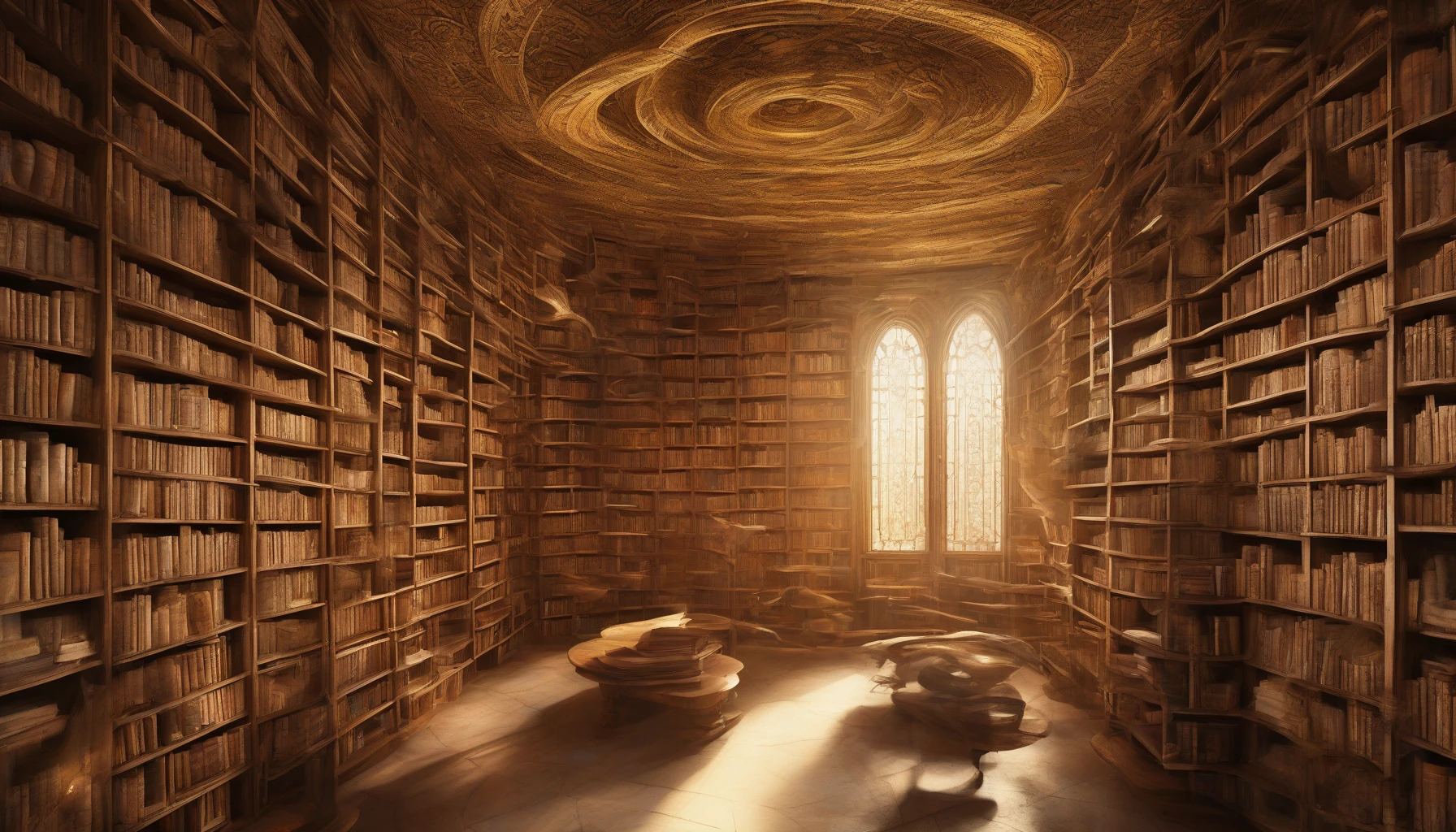 Step into an ethereal library where ancient wooden shelves stretch into infinity, bathed in warm, golden light. Levitating books gracefully hover mid-air, their pages fluttering softly as if whispering secrets of the past. Each tome glows faintly, illuminating intricate carvings on the walls and ceiling, while a spiral staircase ascends into the shrouded heights above. This mystical sanctuary beckons those eager to explore its timeless knowledge.