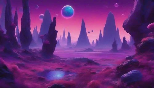 Envision a surreal alien landscape dominated by a strange, vibrant planet. The sky is awash in deep purples, blending seamlessly into hues of indigo and violet. Three luminous moons float majestically above, each varying in size and glowing with an otherworldly light. Below, bizarre flora and iridescent rock formations stretch across the horizon, inviting explorers into this enchanting and mysterious realm filled with wonder.