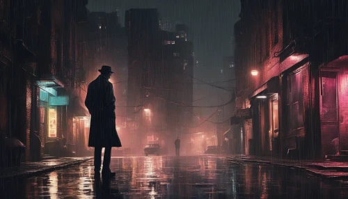 Immerse yourself in a moody, rain-soaked cityscape illuminated by flickering neon lights. A solitary detective stands against the backdrop of dark alleyways, cigarette in hand, trench coat billowing in the wind. The air is thick with mystery as he gazes thoughtfully at a shadowy figure disappearing into the night. Shadows and light intertwine, revealing a world steeped in intrigue and lurking danger, with secrets waiting to be uncovered.