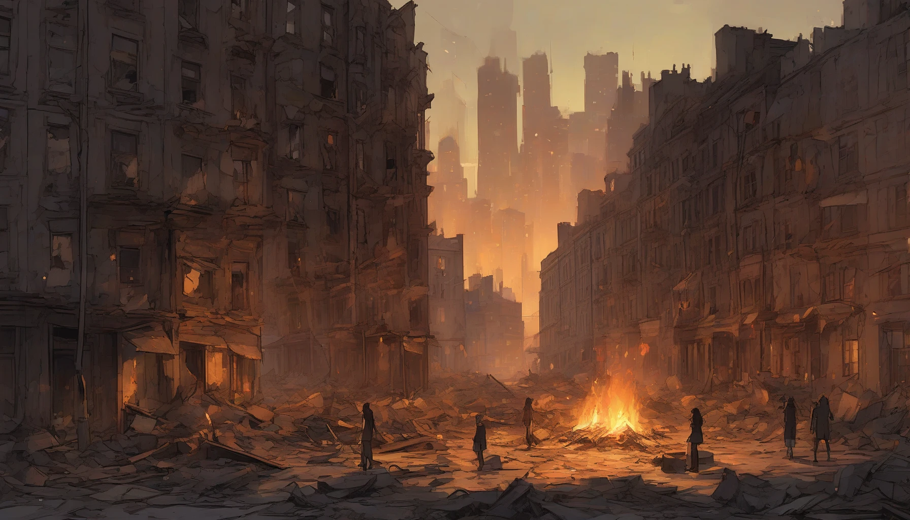 In the heart of a crumbling cityscape, a flickering campfire casts warm, golden light against the jagged silhouettes of decaying buildings. Shadows dance as ragged survivors huddle closely, their weary faces illuminated by the flames. Broken glass and scattered debris surround the makeshift gathering, while the distant sounds of an abandoned world whisper through the darkened streets, creating an atmosphere of resilience amidst despair.