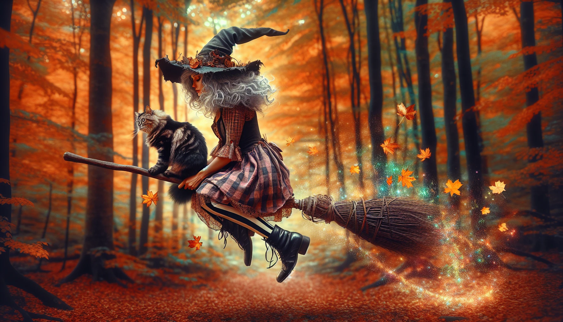 In a whimsical forest, a clumsy witch with a tattered pointed hat and a crooked broomstick fumbles through the air, her mismatched socks peeking from beneath her flowing robes. Leaves swirl around her in a colorful autumn dance as she tries to maintain balance. Sparkling magical dust trails behind her, and her oversized cat, perched precariously on the broom, watches with wide, amused eyes.