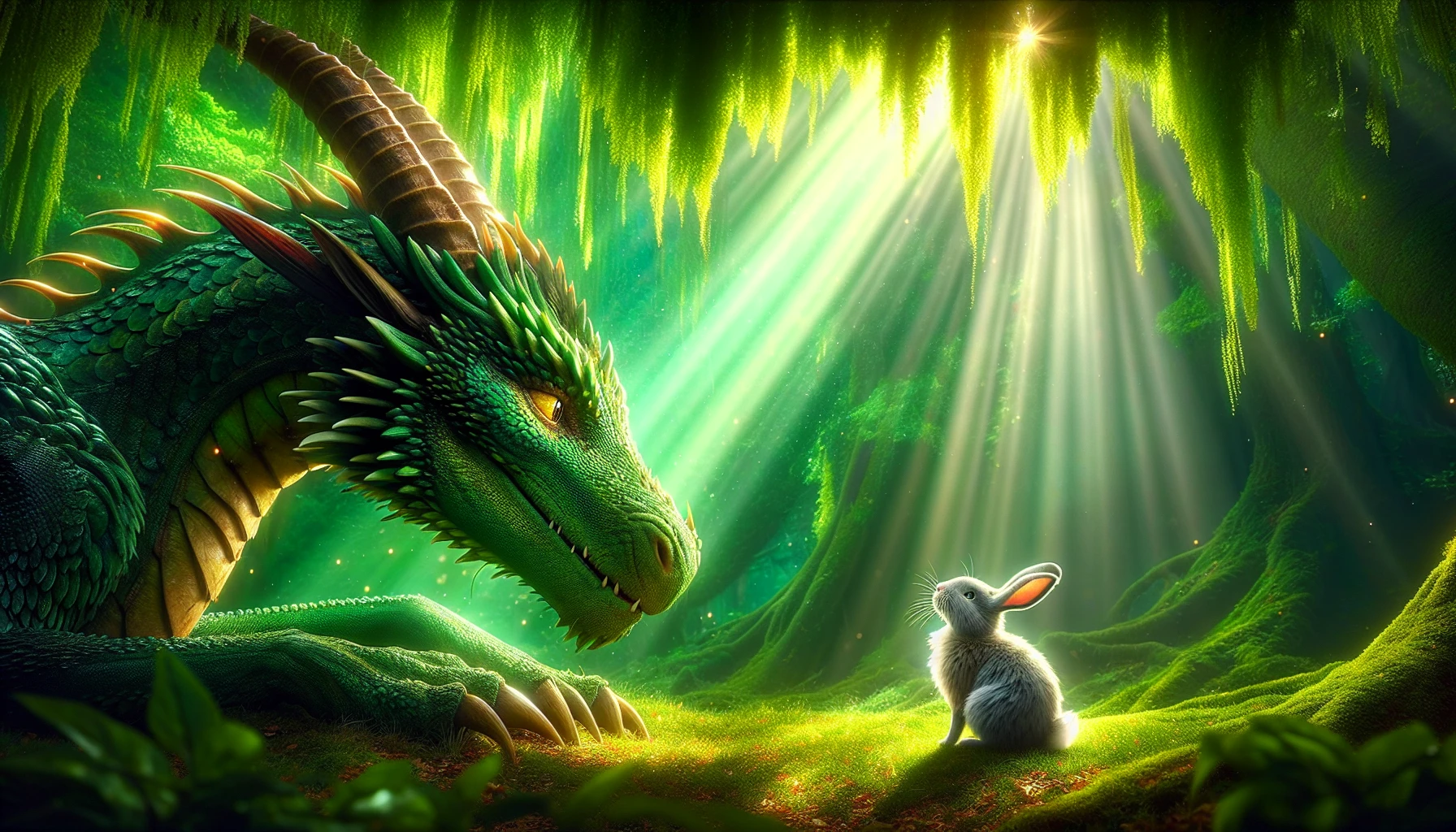 In a lush, enchanted forest, a fierce dragon and a timid rabbit form an unlikely friendship, their contrasting appearances symbolizing unity. The dragon, with shimmering emerald scales and fierce golden eyes, gently lowers its massive head to the rabbit's level, who sports soft, fluffy fur and bright, inquisitive eyes. Sunlight filters through the leaves, casting a magical glow on their shared moment, showcasing trust and camaraderie in a world of differences.