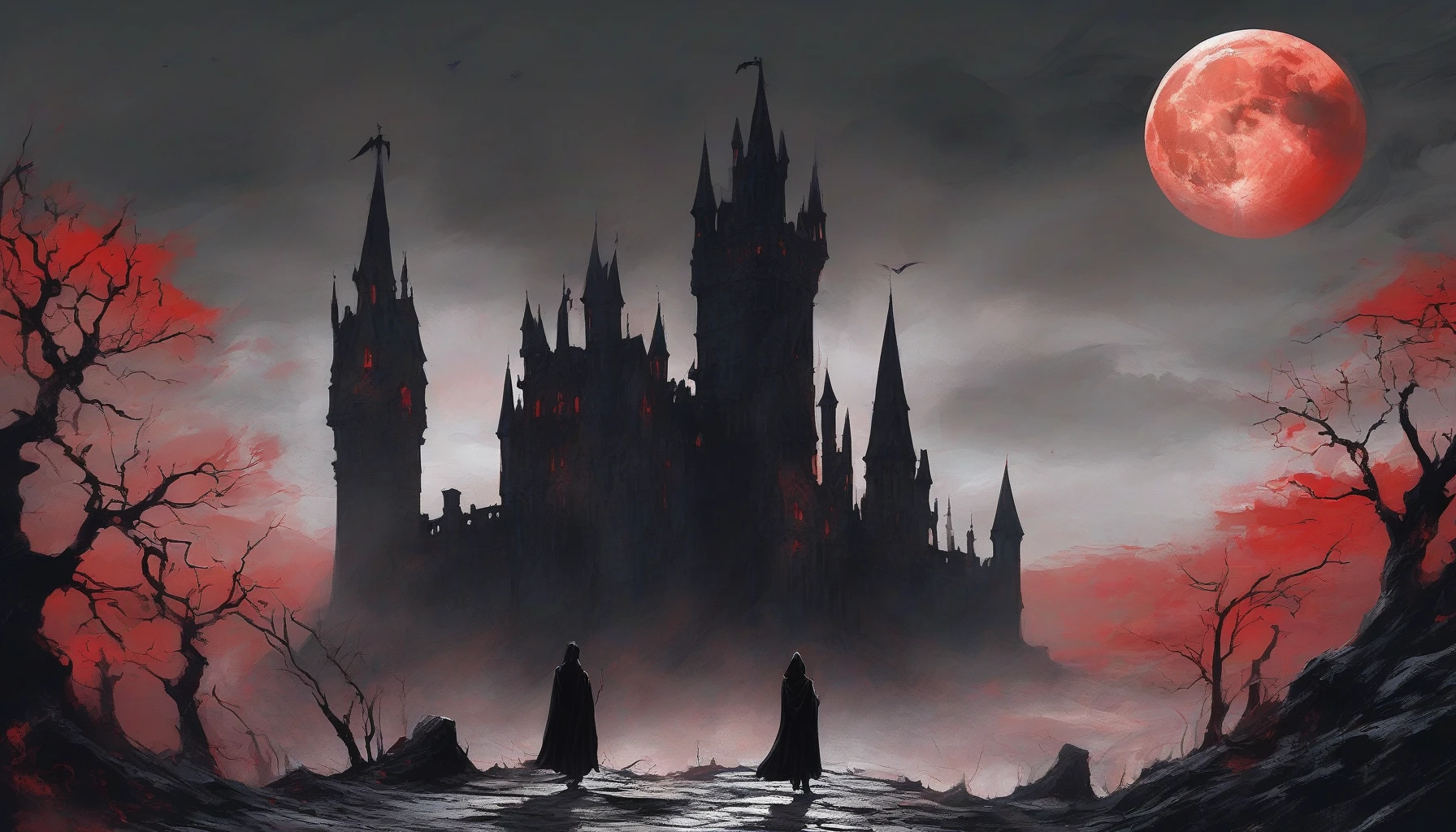 In a hauntingly beautiful landscape, a lone figure cloaked in tattered robes stands atop a crumbling castle tower, silhouetted against a blood-red moon. Shadows twist and swirl like living entities around them, bringing the grim details of the gothic architecture to life. Jagged spires punctuate the night sky, while ethereal wisps of fog creep along the ground, setting a chilling yet mesmerizing atmosphere befitting a dark anime world.