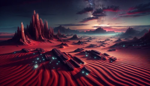 Picture a stark, deserted planet where waves of deep red sand undulate beneath a twilight sky. Strange, jagged rock formations jut out like the spines of ancient beasts, casting eerie shadows on the ground. Glowing bioluminescent plants dot the landscape, illuminating the scene with an otherworldly hue. The atmosphere is thick with mystery and silence, inviting the viewer to explore this surreal, barren beauty with every glance.