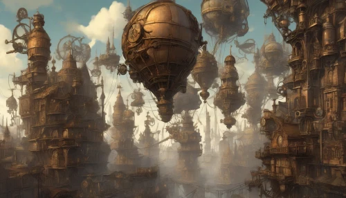 Imagine a sprawling steampunk metropolis, where towering clockwork spires rise majestically against a twilight sky. Gears and cogs interlace with brass and copper architecture, casting intricate shadows on cobblestone streets. Airships drift lazily above, their propellers whirring softly, while the hum of machinery fills the air. Steam billows from vents, creating an atmospherically mysterious haze, inviting explorers into a world where innovation meets imagination.