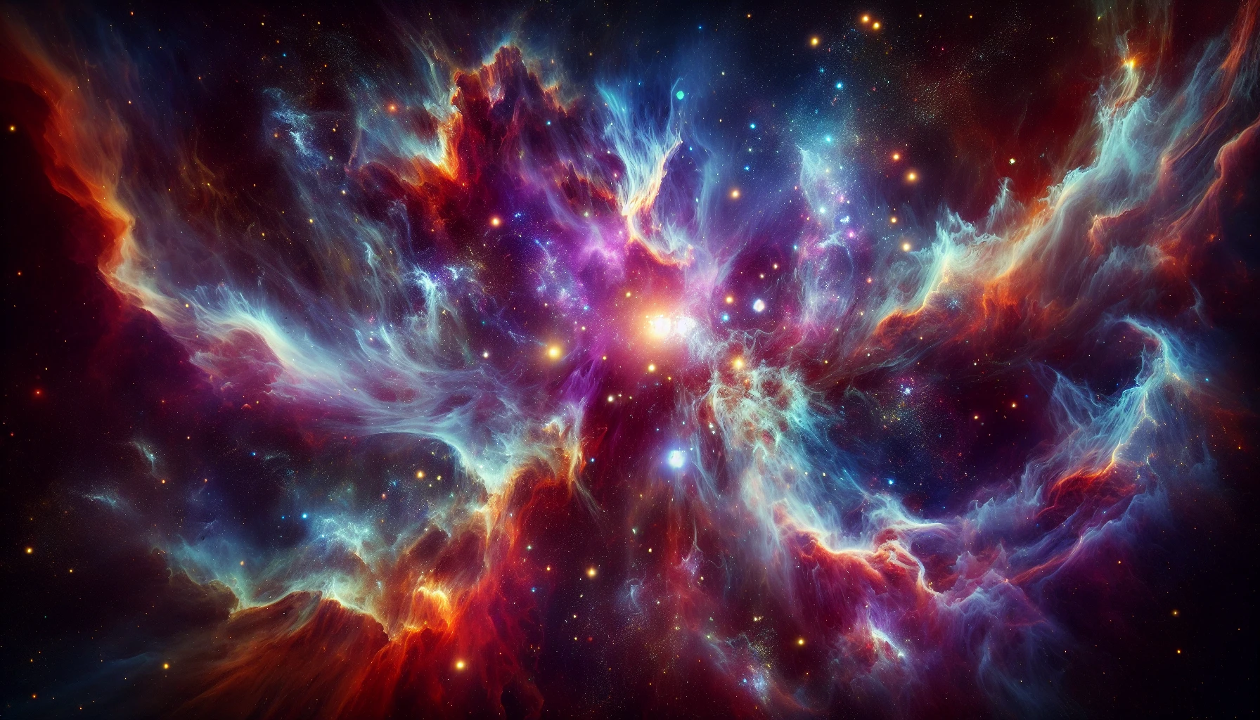 Create a breathtaking image of a galactic nebula, swirling with vibrant colors of deep purples, electric blues, and fiery oranges. The nebula should burst forth in a celestial dance, with stars twinkling like diamonds scattered throughout the cosmos. Add ethereal wisps of gas and dust that weave through the scene, creating a sense of depth and movement, inviting viewers into a mystical universe filled with wonder and awe.