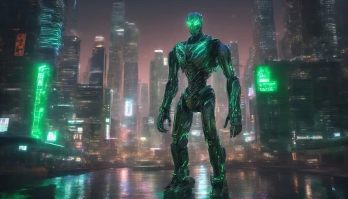 A sleek humanoid robot stands defiantly in a dimly lit urban environment, its metallic skin reflecting the neon lights of the city. Intricate circuitry pulses beneath its surface, hinting at a chaotic intelligence within. Green, glowing eyes scan the surroundings, exuding a sense of rebellion and power. The backdrop features towering skyscrapers and flickering screens, capturing a futuristic world where technology and autonomy collide.