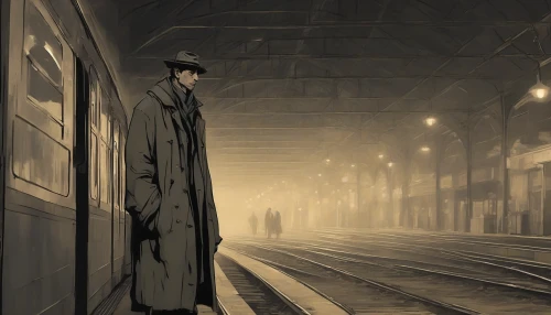 In a dimly lit train station, a mysterious traveler stands amidst shadows, cloaked in a weathered trench coat. The faint glow from a single flickering bulb highlights their contemplative gaze, revealing a hint of sorrow and wisdom. Around them, forgotten luggage and dust-covered benches whisper tales of lost time. The air is thick with intrigue, as the traveler clutches an old, tattered map, hinting at a past shrouded in obscurity.