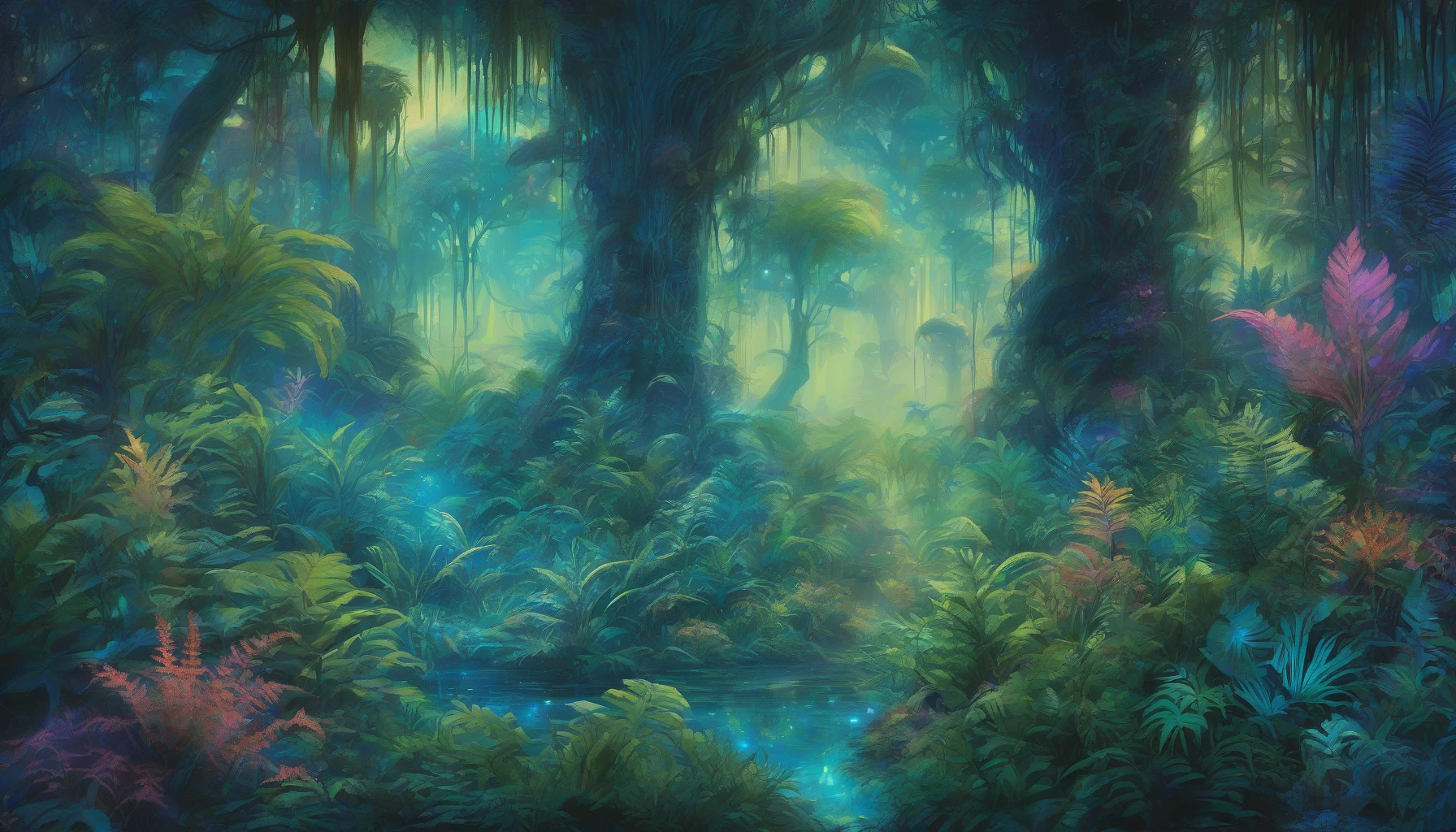 Step into a mesmerizing alien jungle where bioluminescent flora and fauna intertwine in a kaleidoscope of colors. Lush, oversized ferns glow in vibrant blues and greens, while ethereal creatures with shimmering wings flit among the towering, phosphorescent trees. Soft, ambient light illuminates the misty atmosphere, creating an otherworldly scene. Capture the enchanting beauty of this extraterrestrial ecosystem, alive with energy and mystery.
