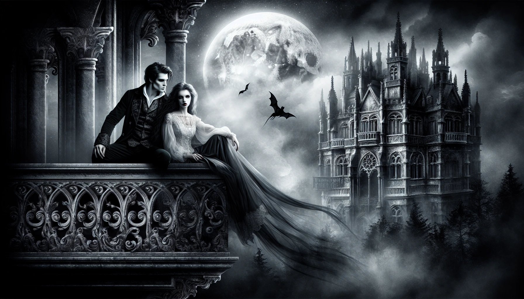 In a shadowy gothic castle, bathed in silvery moonlight, two figures stand on a crumbling balcony. The air is thick with tension and desire as a striking vampire gazes intently at a mortal, their breath mingling in the cool night. Intricate stone carvings loom in the background, while a distant howl resonates through the mist, enveloping them in a world where love defies darkness and fate.