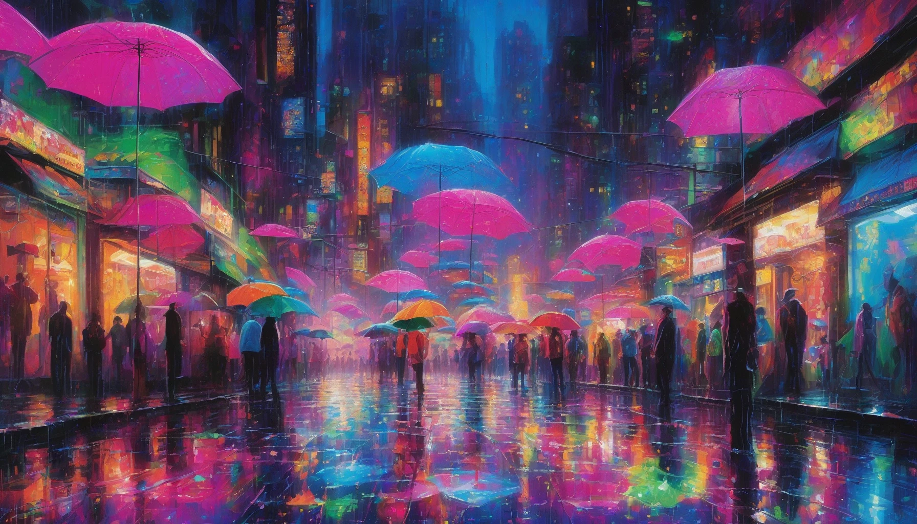 Imagine a bustling city at night, where vibrant neon lights dance across rain-soaked pavements. The streets glisten like a liquid mosaic, reflecting hues of electric blue, hot pink, and radiant green. Umbrellas bob through the crowd, their colors merging with shimmering puddles. Mist rises from manhole covers, creating an ethereal atmosphere, while distant car headlights pierce through the rain, adding to the urban symphony of sound and light.