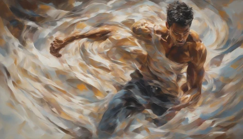 Capture the essence of movement and energy with a striking scene depicting a hero in mid-action, poised against a backdrop of swirling shadows and vibrant light. The interplay of hard and soft lighting highlights the contours of the figure, emphasizing rippling muscles and billowing fabric. This image exudes excitement and intensity, evoking a sense of urgency and adrenaline as the viewer is drawn into the dynamic portrayal of action.