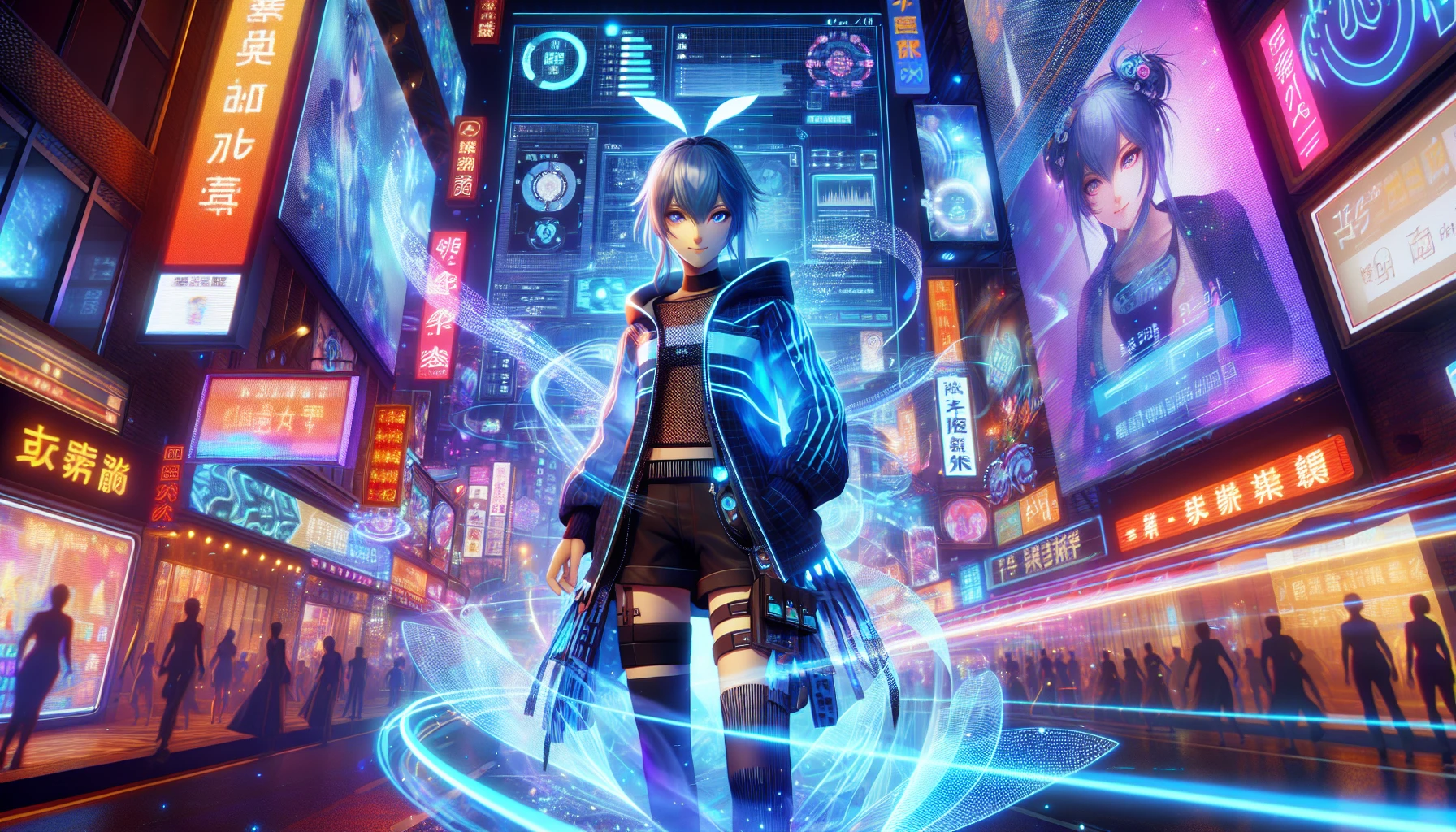 Imagine a vibrant cityscape at night, illuminated by pulsating neon lights and adorned with holographic advertisements. In the foreground, a futuristic anime character stands confidently, wearing a sleek, high-tech outfit that shimmers under the glow of the holograms. Surrounding them are floating digital interfaces and visually captivating displays, merging virtual reality with the real world, while dynamic visuals swirl in the air, capturing the essence of a sci-fi adventure.