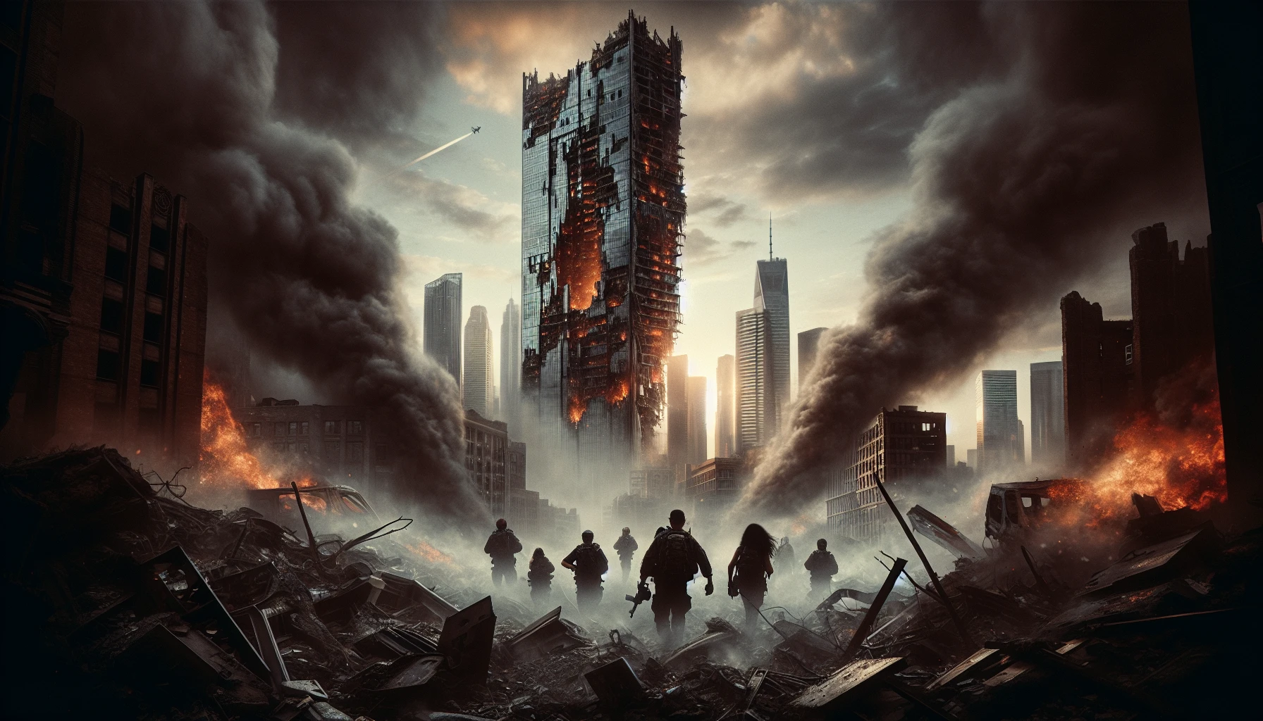 An imposing, half-collapsed skyscraper looms against a smoke-filled sky, its shattered glass reflecting the fiery remnants of chaos. Debris and twisted metal litter the ground, remnants of a once-bustling city now frozen in time. In the distance, silhouettes of emergency responders dart through clouds of dust, their determination palpable as they navigate the devastation, a haunting testament to resilience amidst despair.