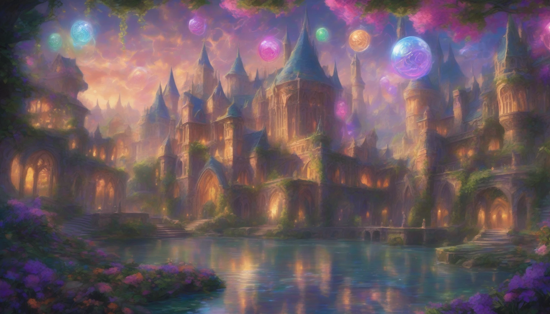 A sprawling, mystical campus shrouded in twilight, where ancient stone towers rise alongside vibrant flower-filled gardens. Wisps of colorful magic swirl through the air as young wizards in flowing robes practice spells with glowing wands. Luminous orbs hover above, illuminating the ornate architecture adorned with rune-covered walls and ivy. A shimmering lake reflects the scene, with spectral creatures flitting beneath the surface, waiting for their moment to emerge.