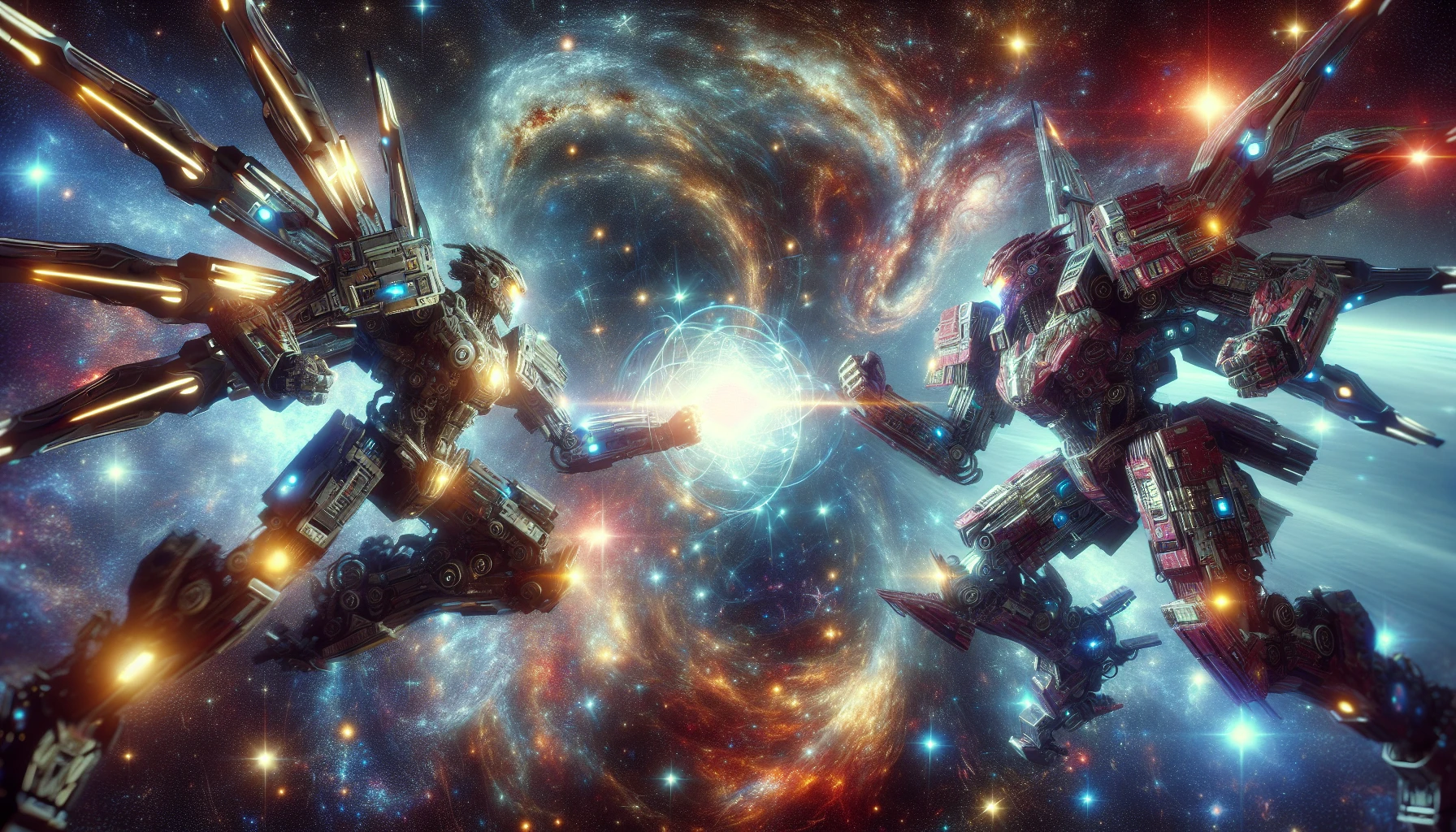 In the vastness of space, two formidable mecha pilots engage in a breathtaking battle among shimmering stars and swirling galaxies. Their colossal machines, adorned with vibrant armor and glowing energy conduits, clash with explosive force, sending debris cascading through the cosmic backdrop. Each pilot, fierce and determined, maneuvers with precision, harnessing the power of advanced technology to outsmart their opponent in a spectacular dance of agility and strategy.