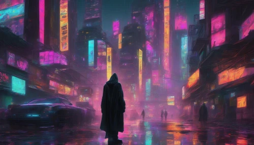 A sprawling cyberpunk cityscape pulsates with vibrant neon lights and dark alleys, where towering skyscrapers loom over the gritty streets below. In the foreground, a cloaked figure representing the enigmatic crime syndicate emerges, illuminated by the glow of holographic advertisements and flickering signs. Rain glistens on the pavement, reflecting the chaotic blend of technology and danger, while drones hover ominously overhead, creating an atmosphere thick with intrigue and tension.