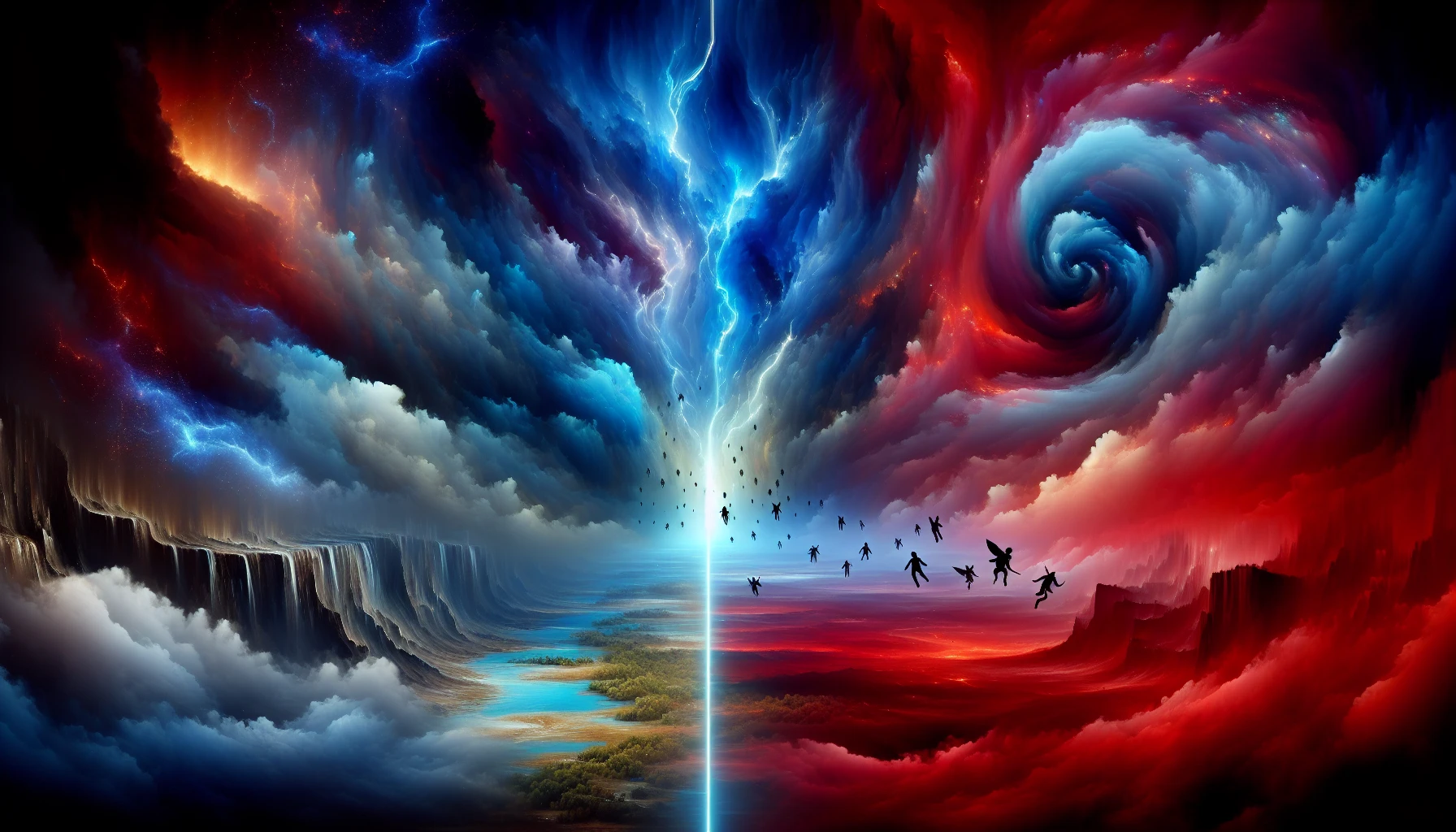 Imagine a tumultuous sky where vibrant colors clash, and a massive rift tears through the fabric of reality. Dark storm clouds swirl ominously around the edges, while brilliant streaks of electric blue and crimson light burst from the rift’s core. Beneath the chaos, a serene landscape remains untouched, highlighting the stark contrast between tranquility and tumult. Alien silhouettes drift through the rift, hinting at worlds beyond our own.