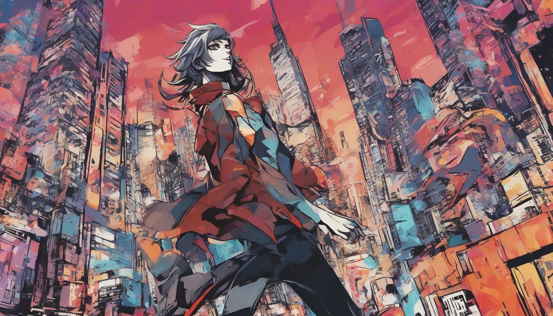 Create a dynamic scene that blends comic-style anime with bold outlines, featuring a heroic character in an action pose. The character should have exaggerated features, such as oversized eyes and intricate hair, set against a vibrant cityscape. Use striking color contrasts to emphasize the energy of the scene, incorporating speed lines and dramatic expressions that capture the essence of both styles, drawing viewers into this exhilarating moment.