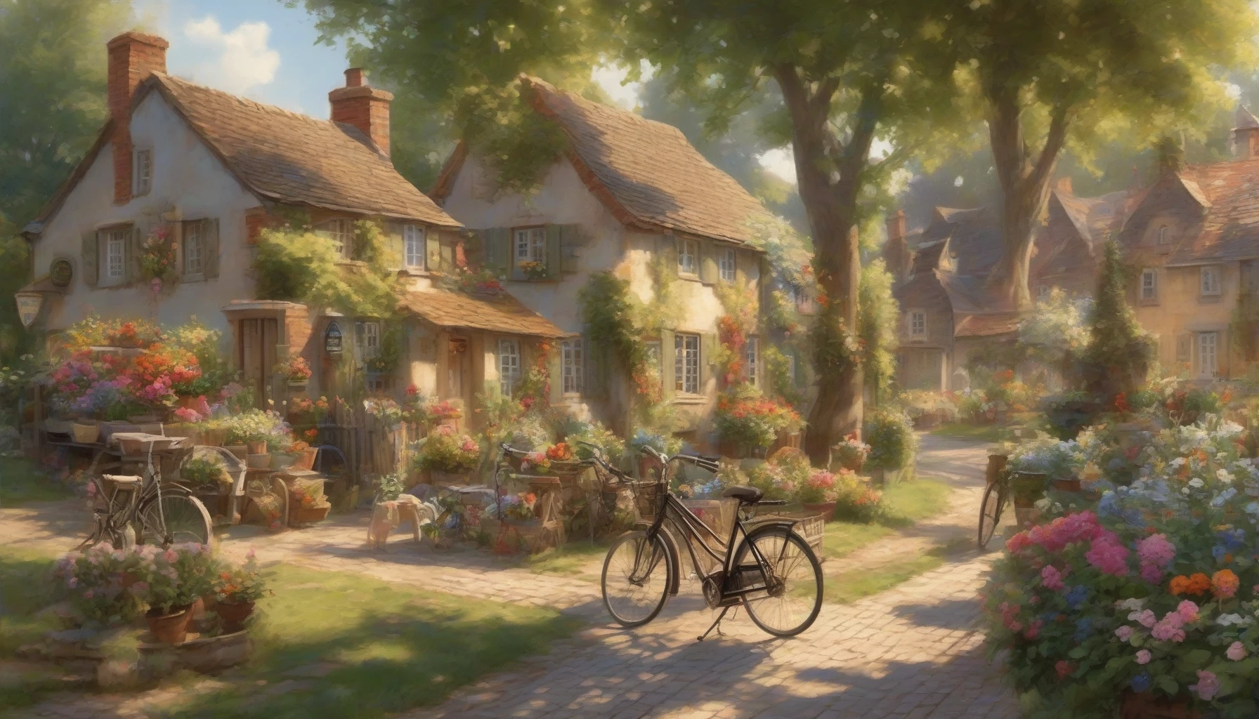 Capture a picturesque small-town scene during a tranquil afternoon. Picture quaint cottages with blooming gardens lining the cobblestone streets, children playing near the pond, and locals chatting at the market square. The warm sunlight filters through the trees, casting gentle shadows, while a vintage bicycle leans against a wooden fence. This idyllic atmosphere encapsulates the heart and soul of countryside life, inviting viewers to feel its serene charm.