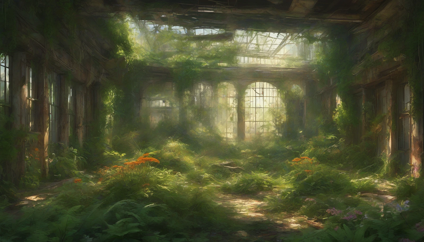 In a scene where time stands still, an abandoned military base lies cloaked in a shroud of overgrown vegetation. Rusted structures peek through a rich tapestry of emerald ferns and vibrant wildflowers, while a soft glow of sunlight filters through the dense canopy overhead. Birds flit through broken windows, and the whispers of the past mingle with the symphony of nature reclaiming its space.