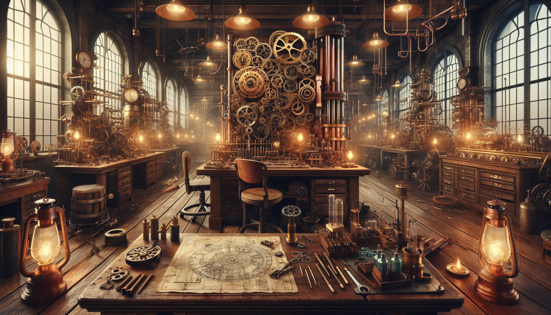 Envision a bustling steampunk workshop, alive with the whirring and clinking of intricate gadgets. Brass gears and copper tubes intertwine, casting warm glows under flickering gas lamps. A large oak workbench is strewn with blueprints, tools, and half-finished inventions. In the background, a large clockwork machine ticks rhythmically, while steam hisses playfully from valves. This captivating space blends Victorian elegance with imaginative engineering, inviting creativity and exploration.