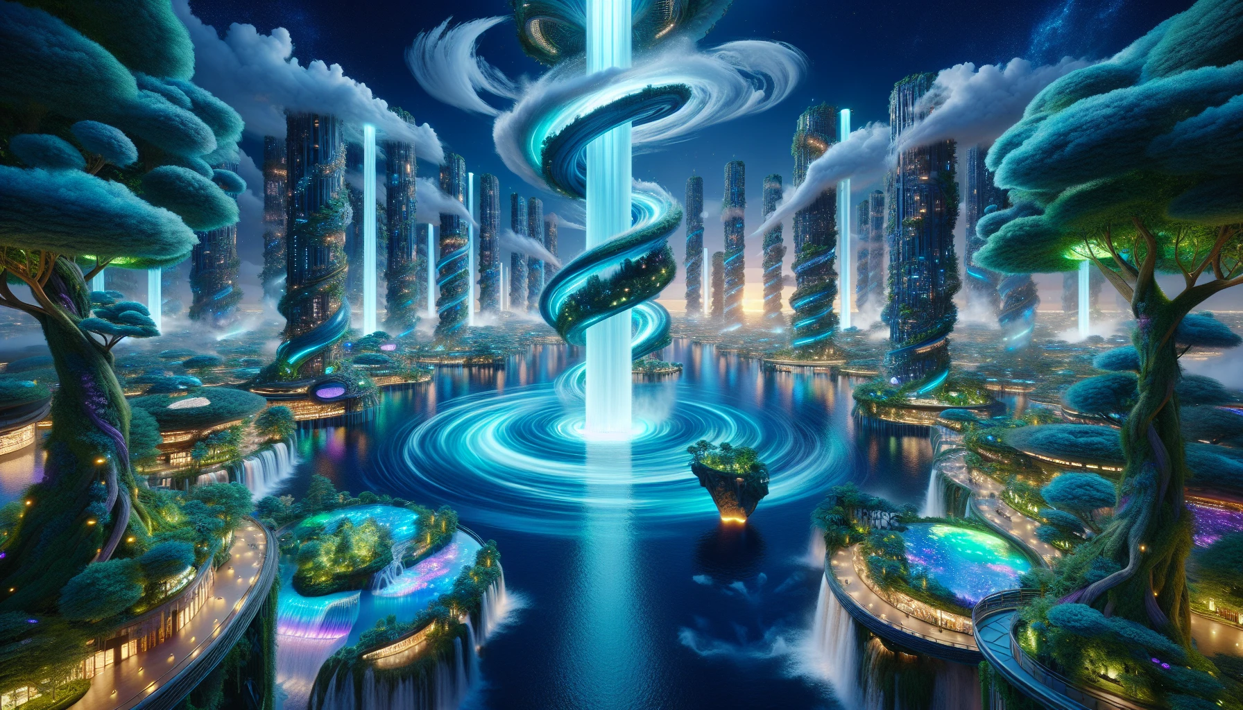 Immerse yourself in a vibrant whirlpool cityscape where cascading waters and futuristic architecture harmoniously collide. Spiraling towers rise like geysers, bathed in neon hues of blue and green, reflecting in the swirling currents below. Floating islands adorned with lush greenery and shimmering lights create a paradise above the tumultuous whirlpool, while ethereal clouds drift lazily overhead, inviting onlookers to explore this mesmerizing blend of nature and technology.