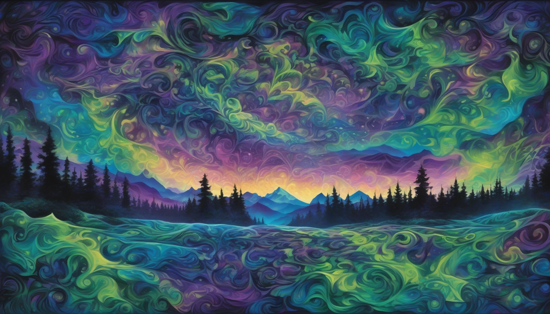 Imagine a breathtaking night sky where vibrant auroras swirl and dance, forming intricate geometric patterns that captivate the eye. Lush greens and deep purples interlace seamlessly with bright blues, creating a kaleidoscope of colors that shimmer against a dark backdrop. The landscape below is silhouetted, adding depth and contrast while the celestial spectacle above evokes a sense of wonder and infinite possibilities.